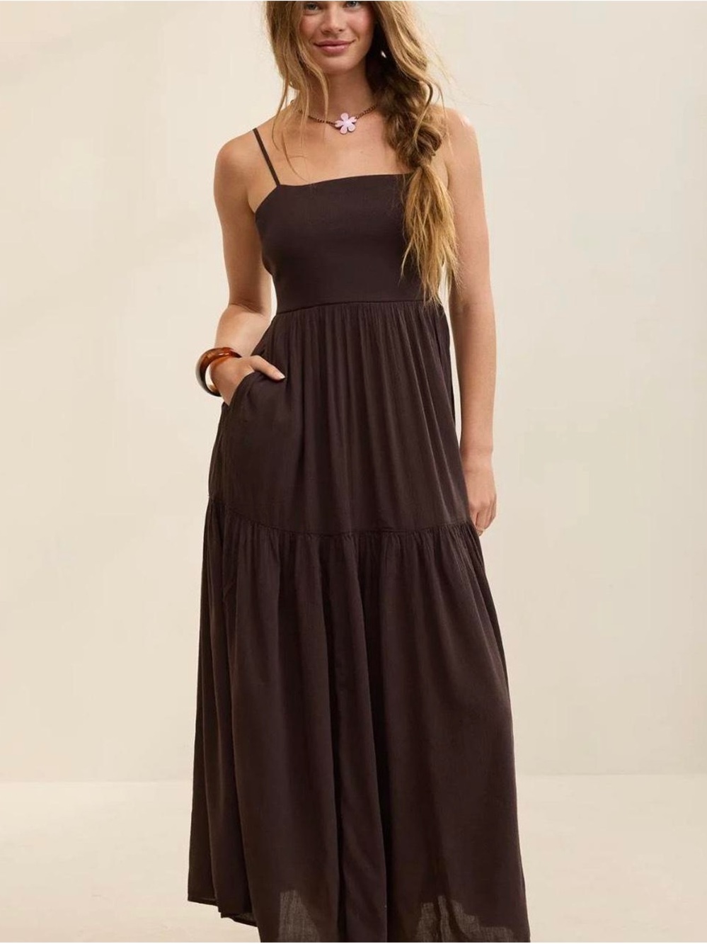 NWT’s aerie Brown Spaghetti-Strap Tiered Maxi Dress